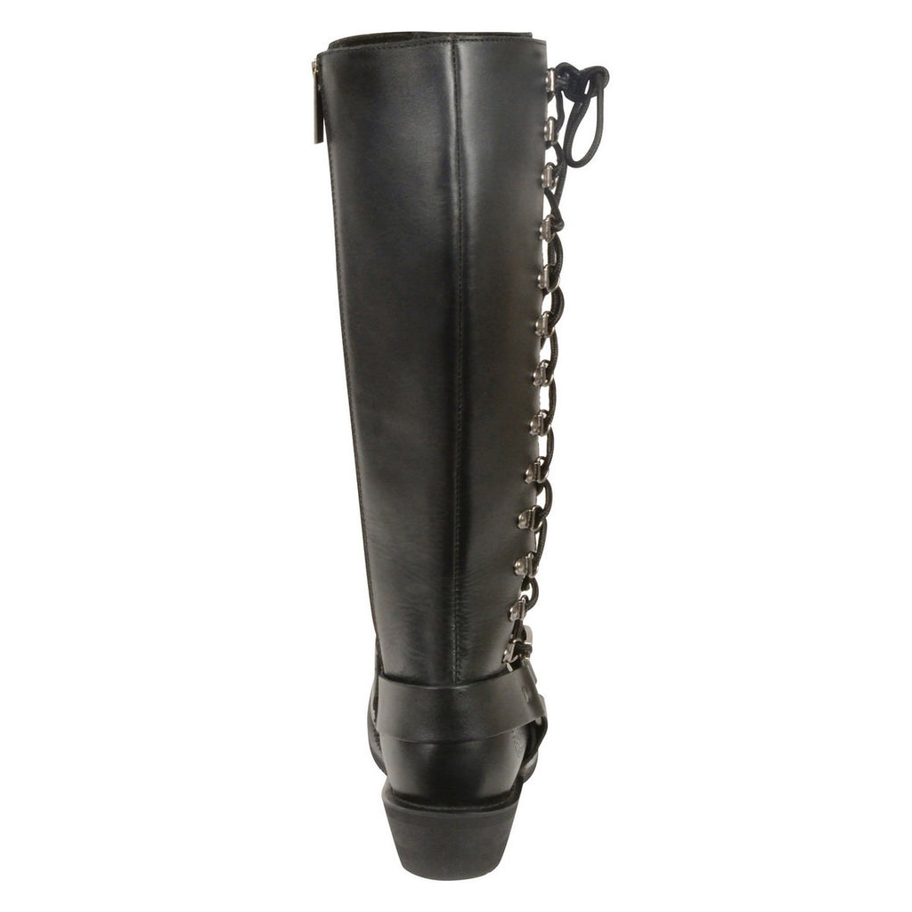 Milwaukee Leather MBL9365W Ladies Wide Width Black 14 Inch Classic Harness Square Toe Leather Boots with Lacing Detail - Milwaukee Leather Womens Boots