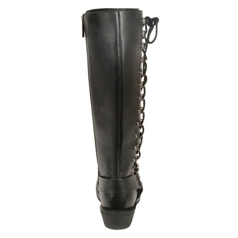 Milwaukee Leather MBL9365 Ladies Black 14 Inch Classic Harness Square Toe Leather Tall Boots with Lacing - Milwaukee Leather Womens Boots