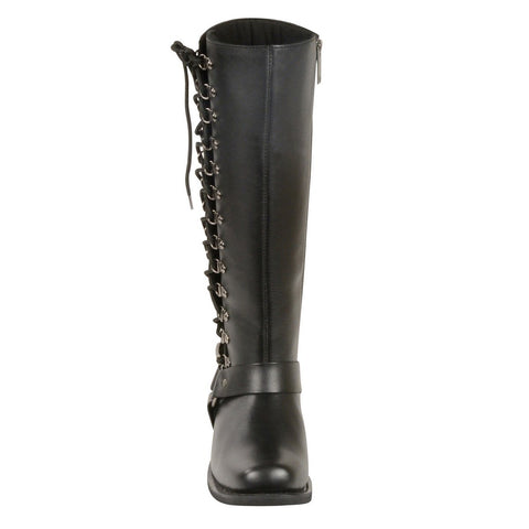 Milwaukee Leather MBL9365 Ladies Black 14 Inch Classic Harness Square Toe Leather Tall Boots with Lacing - Milwaukee Leather Womens Boots