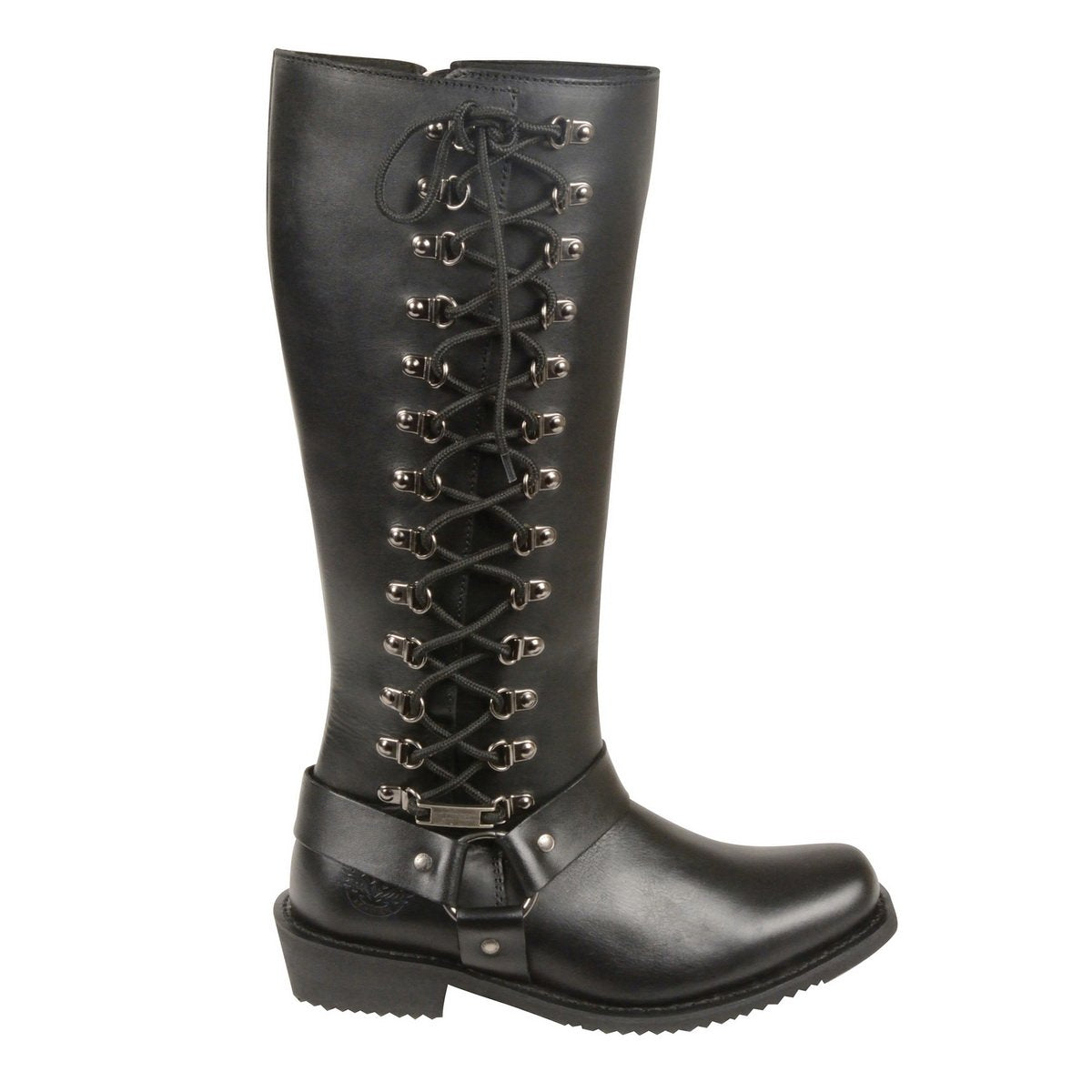 Milwaukee Leather MBL9365 Ladies Black 14 Inch Classic Harness Square Toe Leather Tall Boots with Lacing - Milwaukee Leather Womens Boots