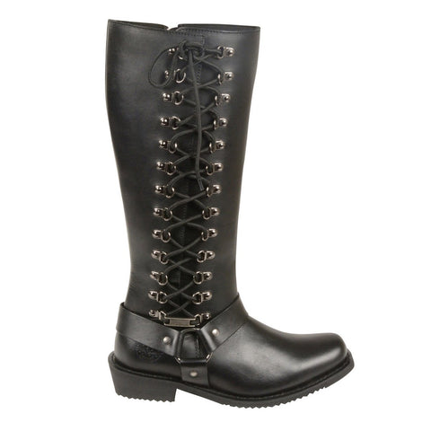 Milwaukee Leather MBL9365 Ladies Black 14 Inch Classic Harness Square Toe Leather Tall Boots with Lacing - Milwaukee Leather Womens Boots