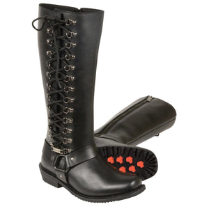 Milwaukee Leather MBL9365W Ladies Wide Width Black 14 Inch Classic Harness Square Toe Leather Boots with Lacing Detail - Milwaukee Leather Womens Boots