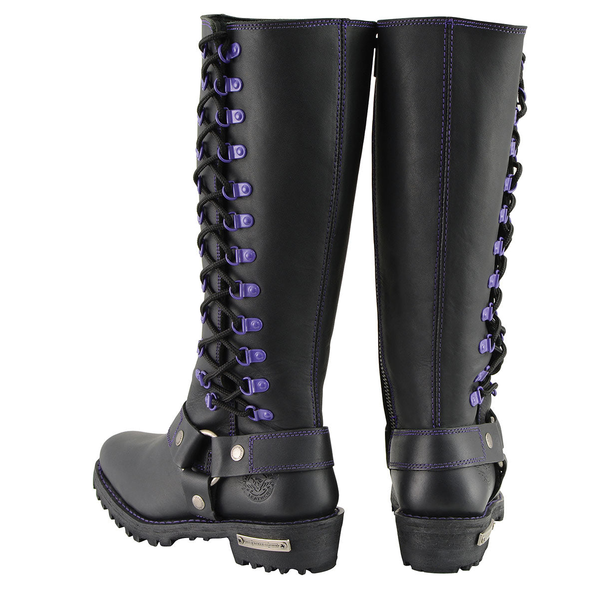 Milwaukee Leather MBL9366 Women's Black 14-inch Leather Harness Boots with Purple Accent Lacing