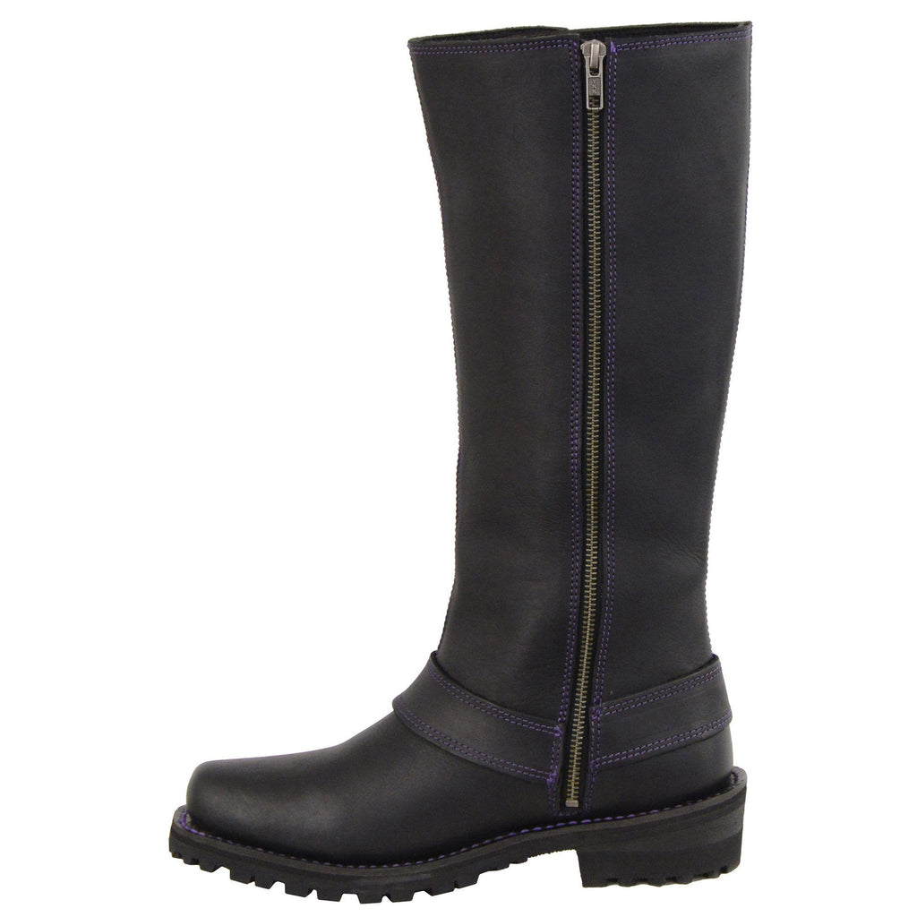Milwaukee Leather MBL9366 Ladies Black 14 Inch Leather Harness Boots with Purple Accent Lacing - Milwaukee Leather Womens Boots