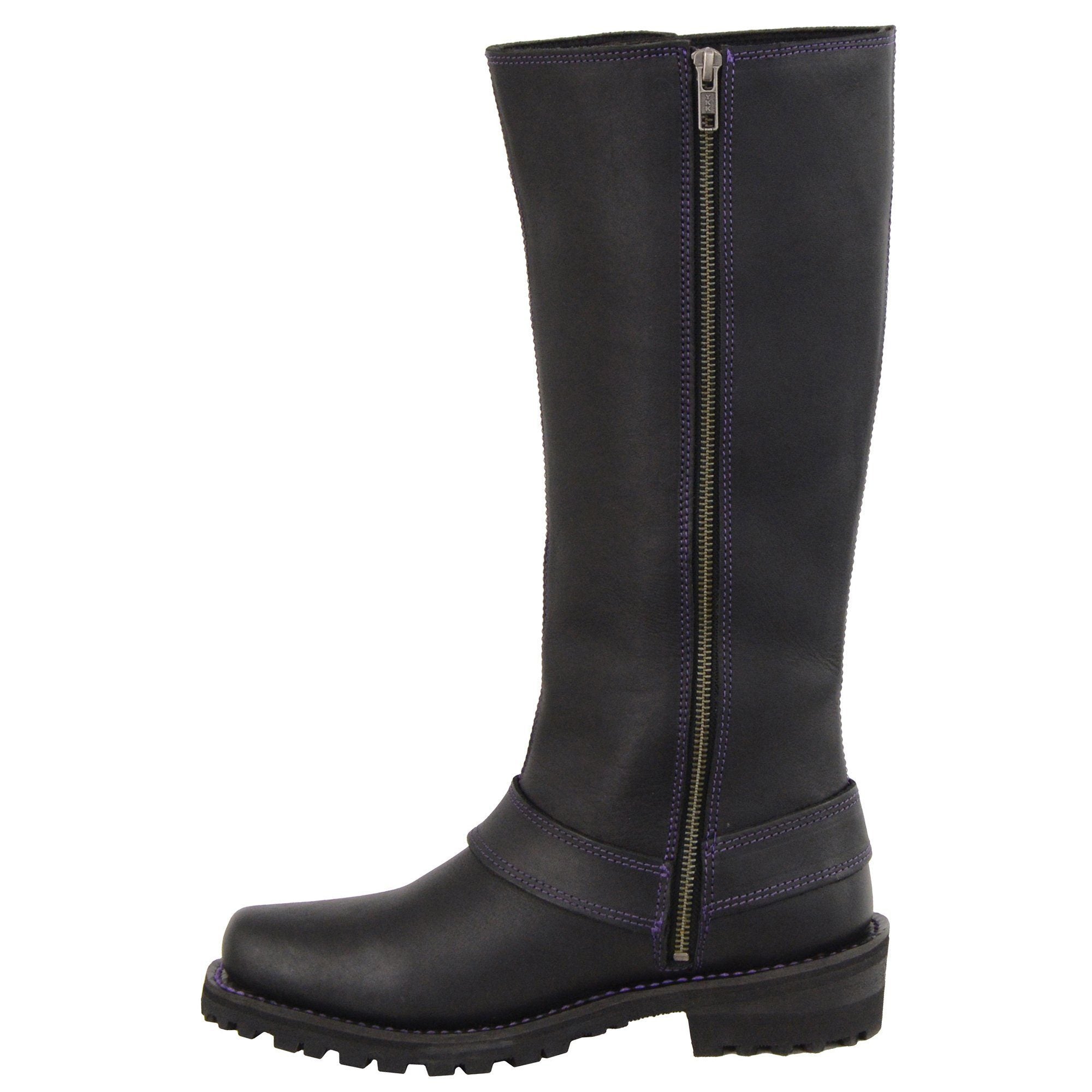 Milwaukee Leather MBL9366 Ladies Black 14 Inch Leather Harness Boots with Purple Accent Lacing - Milwaukee Leather Womens Boots