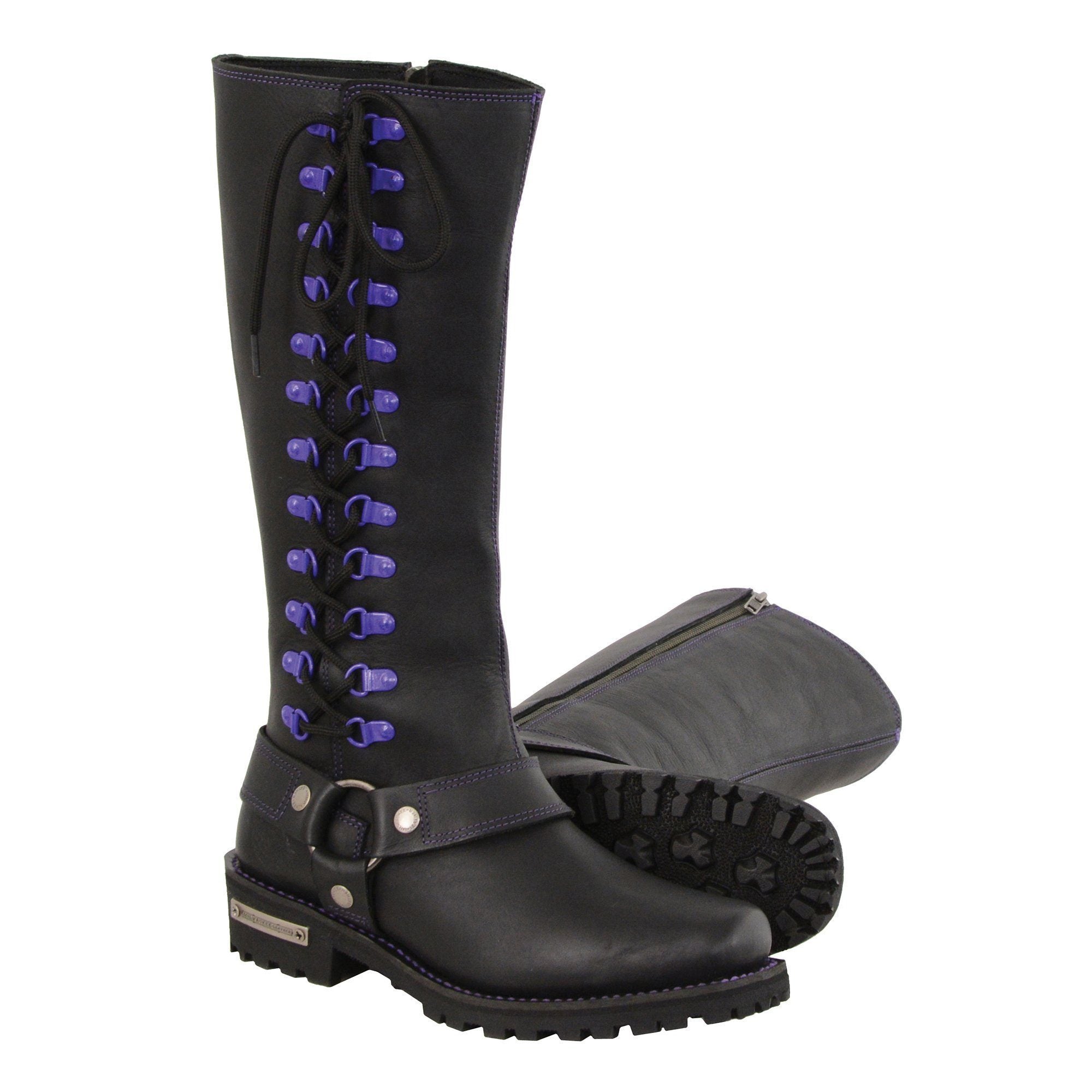 Milwaukee Leather MBL9366 Ladies Black 14 Inch Leather Harness Boots with Purple Accent Lacing - Milwaukee Leather Womens Boots