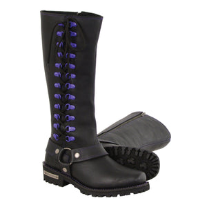 Milwaukee Leather MBL9366 Ladies Black 14 Inch Leather Harness Boots with Purple Accent Lacing - Milwaukee Leather Womens Boots