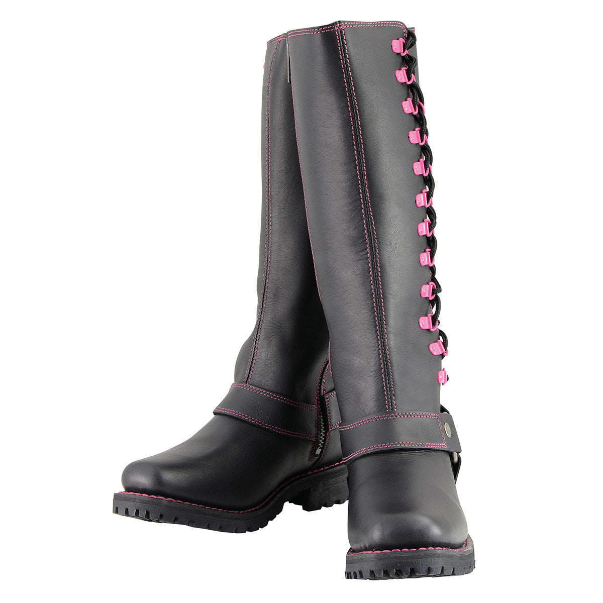 Milwaukee Leather MBL9367 Women's Black 14-inch Leather Harness Boots with Fuchsia Accent Lacing