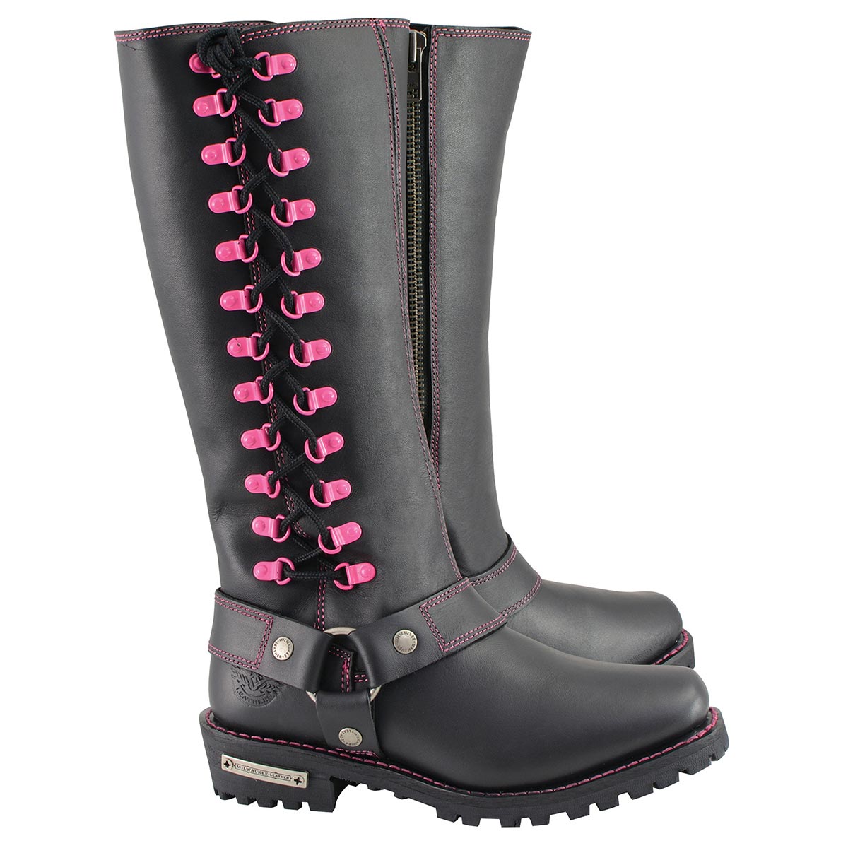 Milwaukee Leather MBL9367 Women's Black 14-inch Leather Harness Boots with Fuchsia Accent Lacing