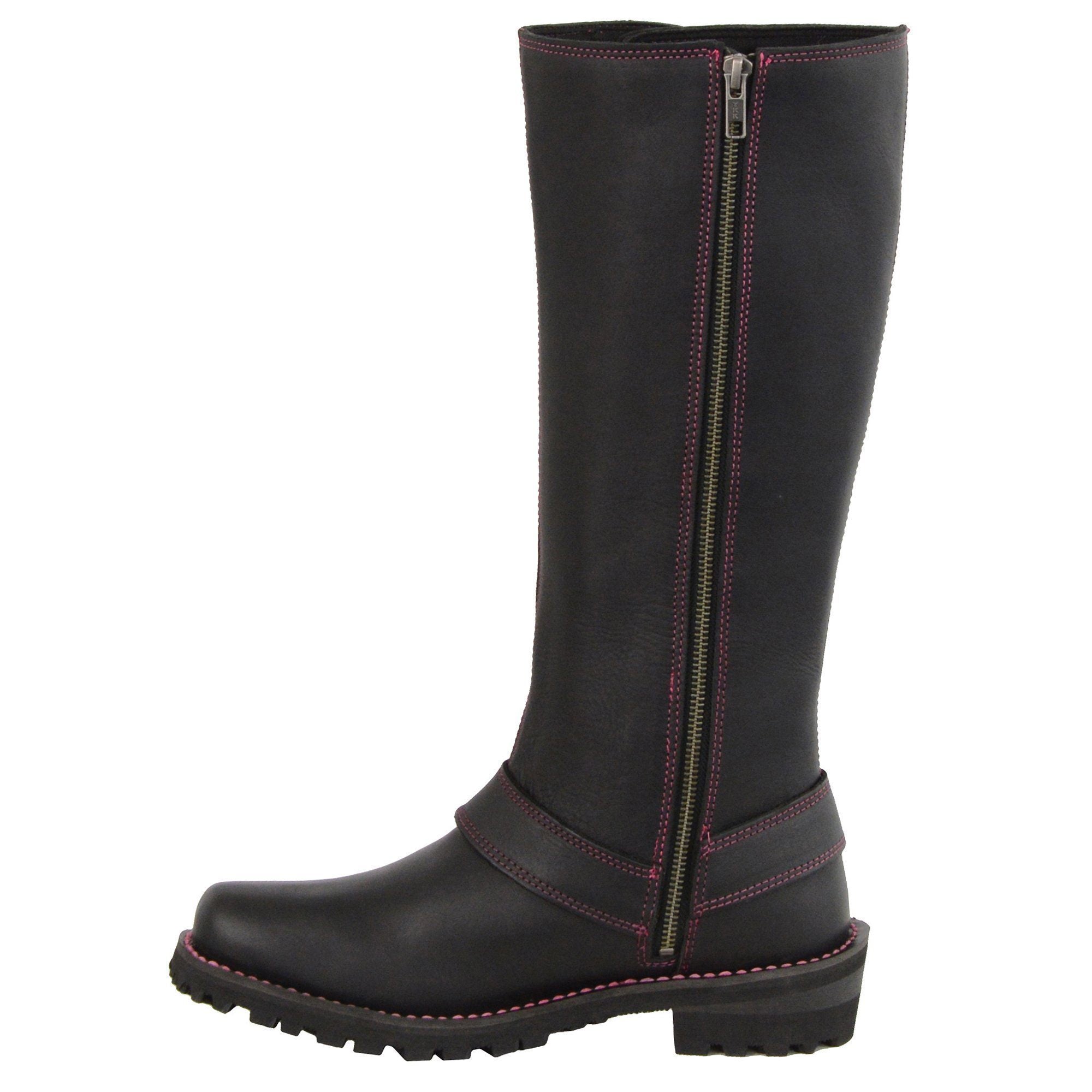 Milwaukee Leather MBL9367 Ladies Black 14 Inch Leather Harness Boots with Fuchsia Accent Lacing - Milwaukee Leather Womens Boots