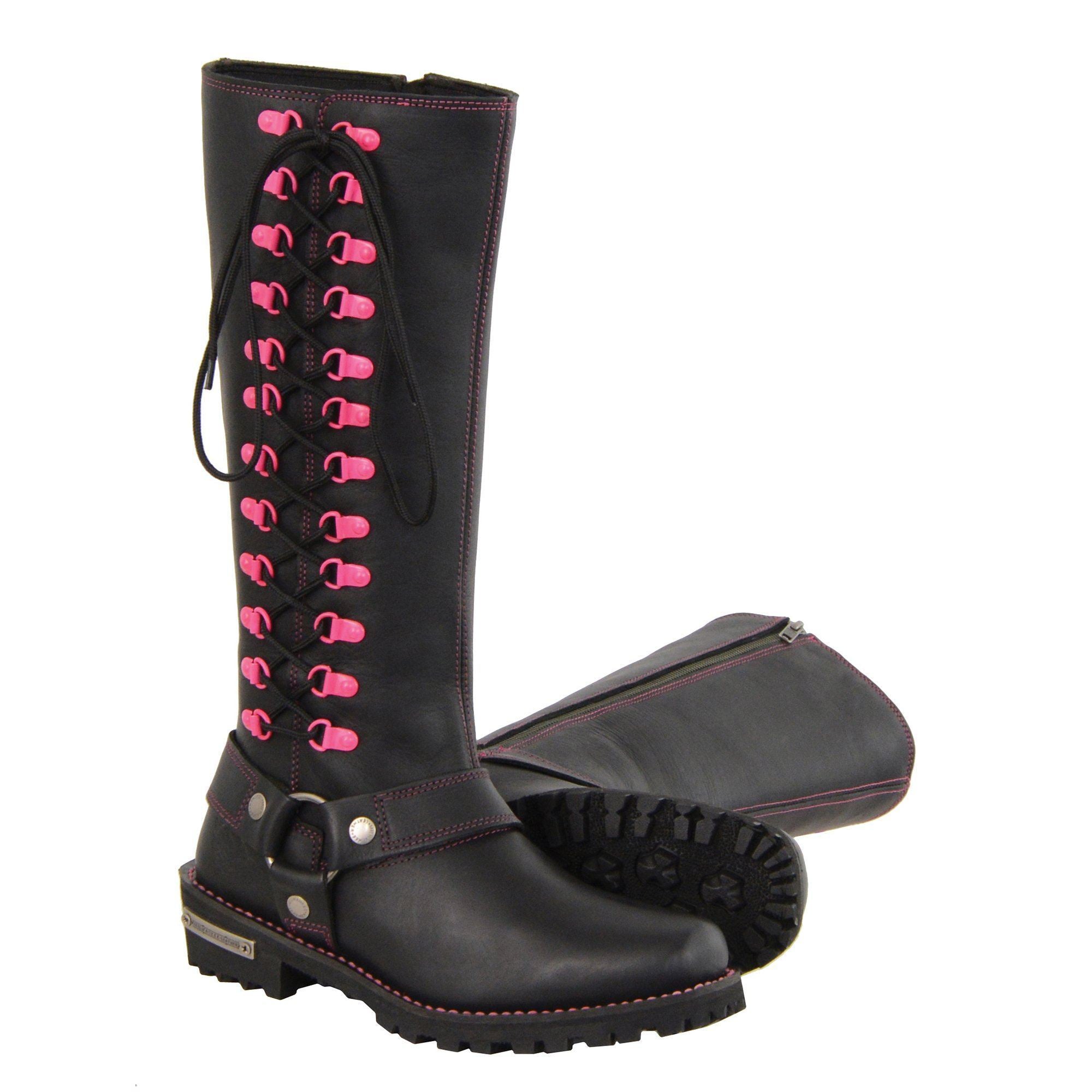 Milwaukee Leather MBL9367 Ladies Black 14 Inch Leather Harness Boots with Fuchsia Accent Lacing - Milwaukee Leather Womens Boots