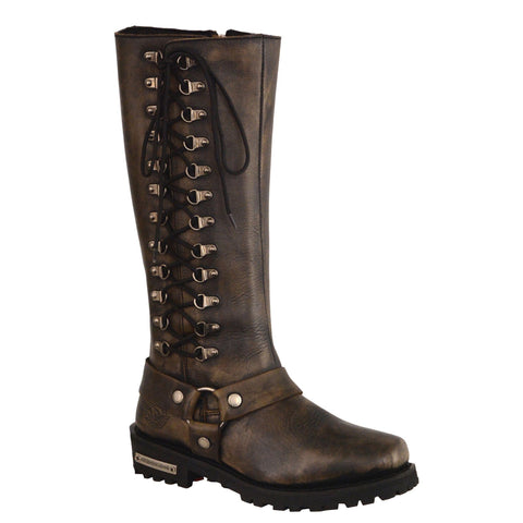 Milwaukee Leather MBL9368 Ladies Distressed Brown 14 Inch Classic Harness Square Toe Boot with Lacing Detail - Milwaukee Leather Womens Boots