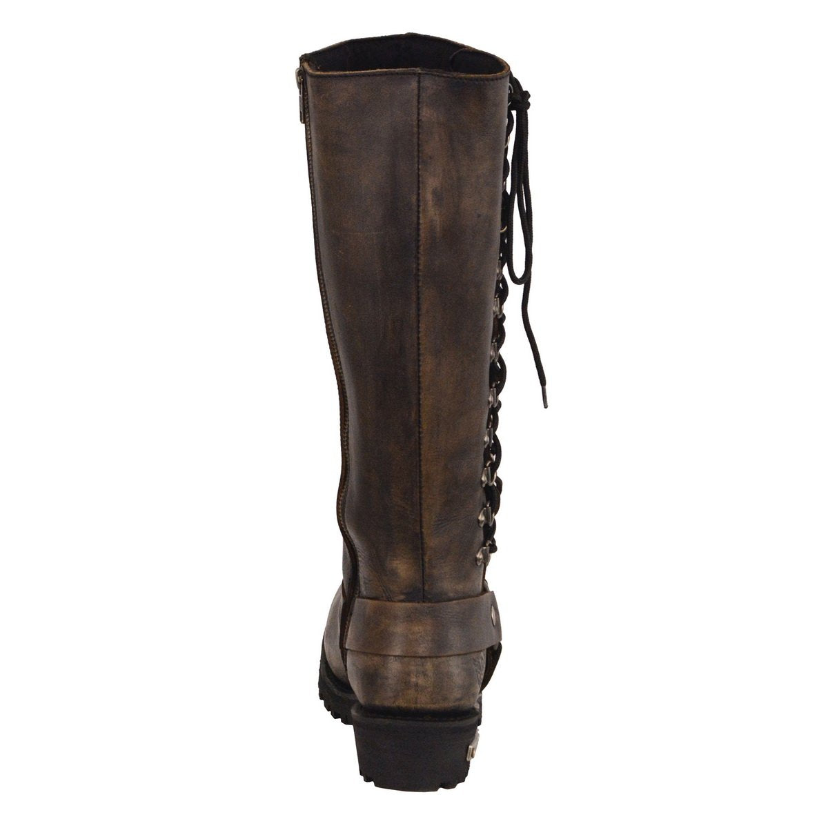 Milwaukee Leather MBL9368 Ladies Distressed Brown 14 Inch Classic Harness Square Toe Boot with Lacing Detail - Milwaukee Leather Womens Boots
