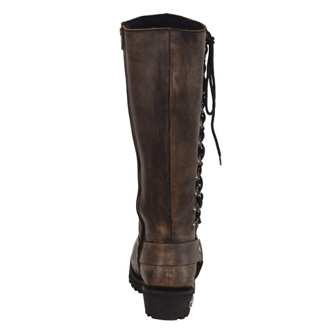 Milwaukee Leather MBL9368 Ladies Distressed Brown 14 Inch Classic Harness Square Toe Boot with Lacing Detail - Milwaukee Leather Womens Boots