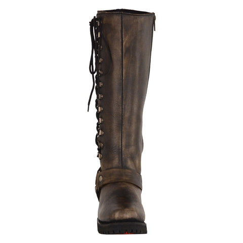 Milwaukee Leather MBL9368 Ladies Distressed Brown 14 Inch Classic Harness Square Toe Boot with Lacing Detail - Milwaukee Leather Womens Boots