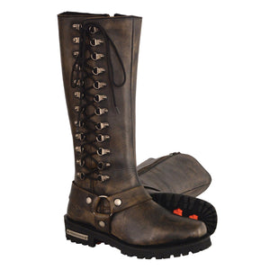 Milwaukee Leather MBL9368 Ladies Distressed Brown 14 Inch Classic Harness Square Toe Boot with Lacing Detail - Milwaukee Leather Womens Boots