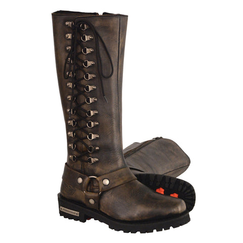 Milwaukee Leather MBL9368 Ladies Distressed Brown 14 Inch Classic Harness Square Toe Boot with Lacing Detail - Milwaukee Leather Womens Boots