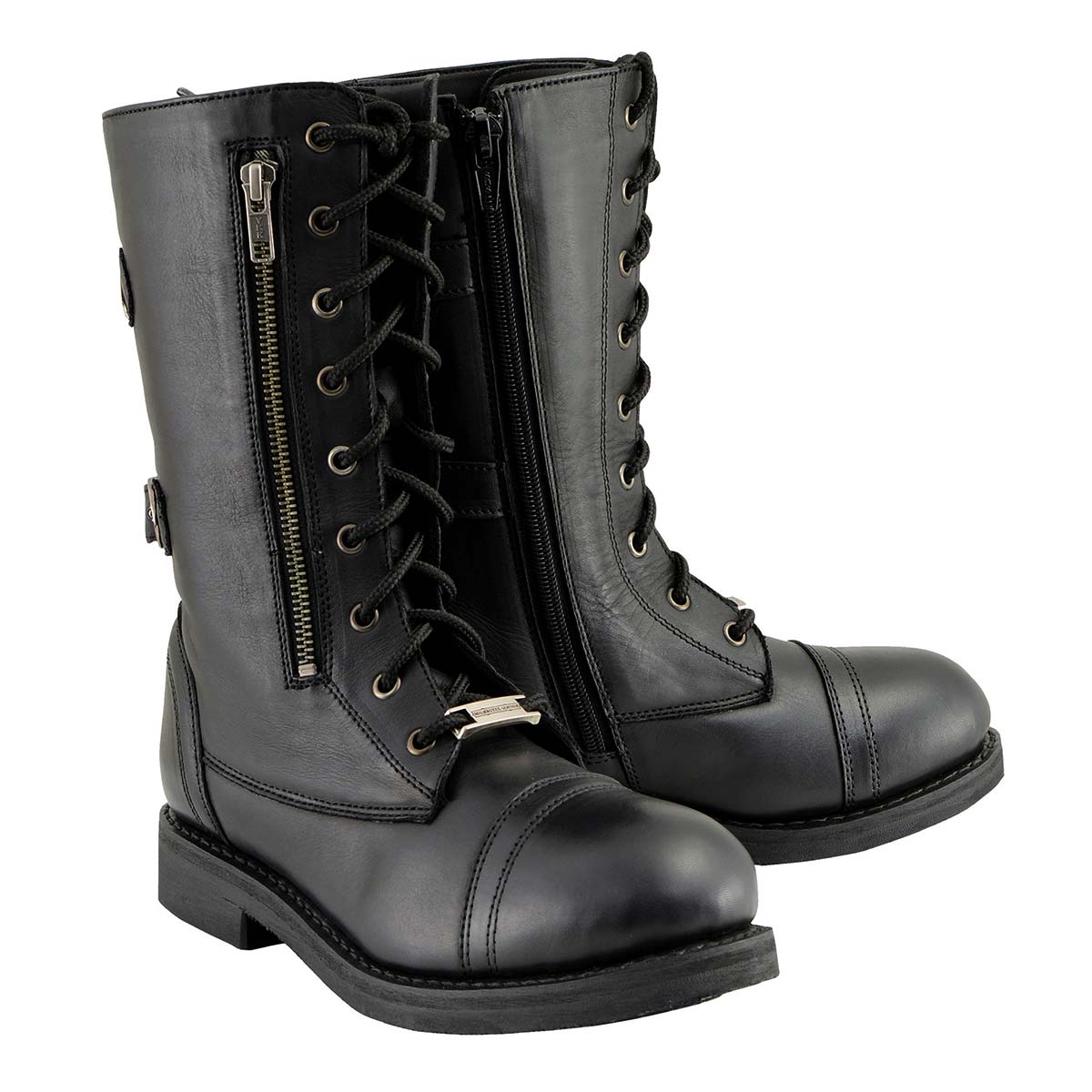 Milwaukee Leather MBL9369 Women's ‘Graze’ Black Leather Lace-Up Motorcycle Boots with Zipper Pocket