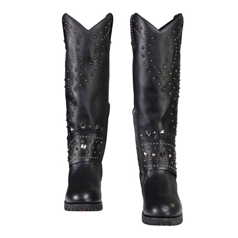 Milwaukee Leather MBL9371 Women's Black 18-Inch Leather Studded and Riveted Western Style Motorcycle Boots