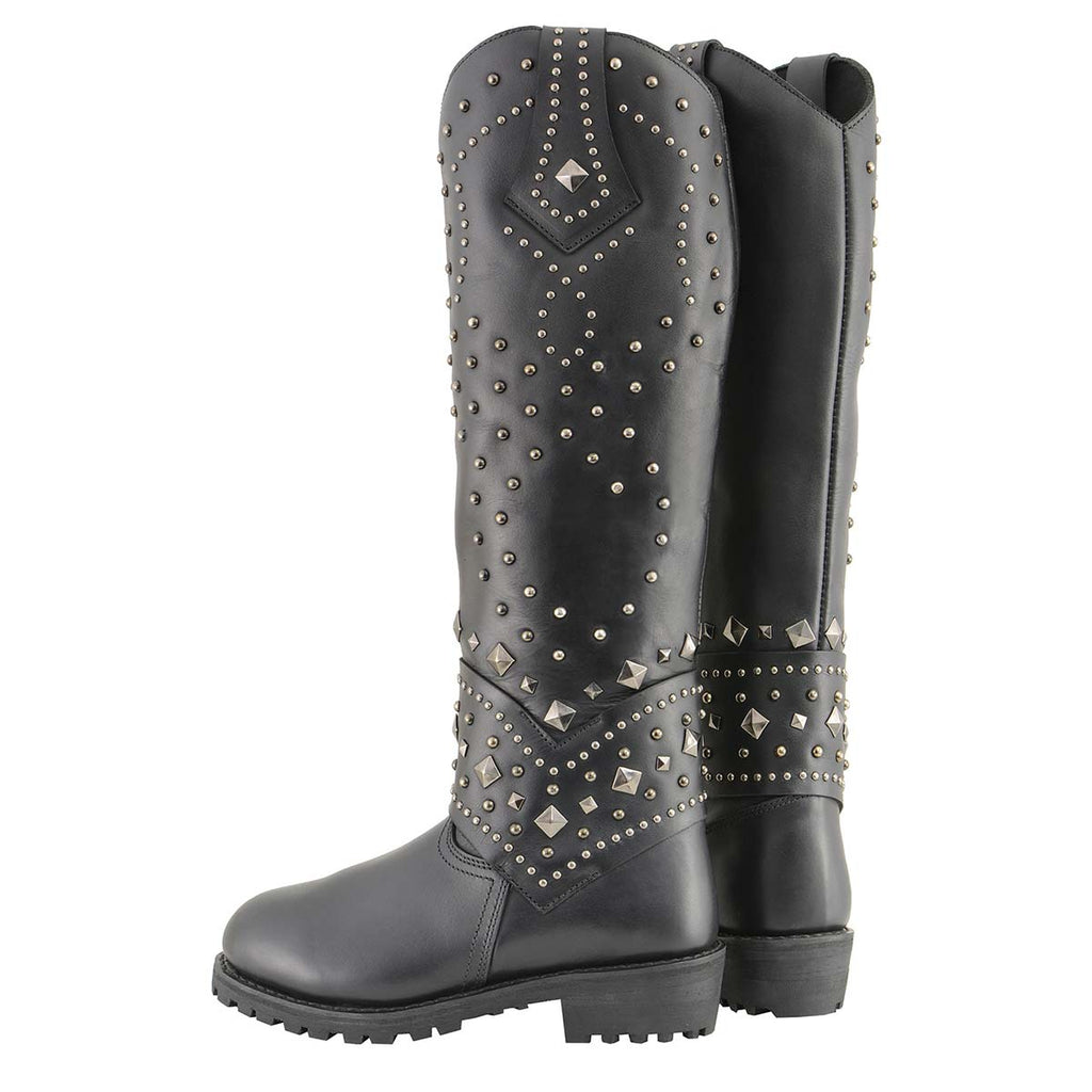 Milwaukee Leather MBL9371 Women's Black 18 Inch Studded and Riveted Western Style Boots
