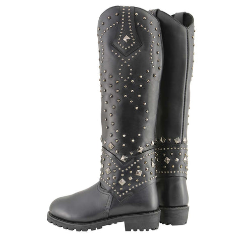 Milwaukee Leather MBL9371 Women's Black 18 Inch Studded and Riveted Western Style Boots