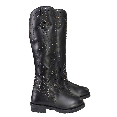 Milwaukee Leather MBL9371 Women's Black 18-Inch Leather Studded and Riveted Western Style Motorcycle Boots