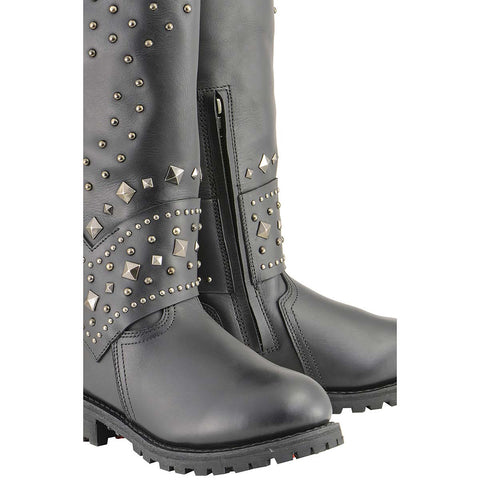 Milwaukee Leather MBL9371 Women's Black 18 Inch Studded and Riveted Western Style Boots