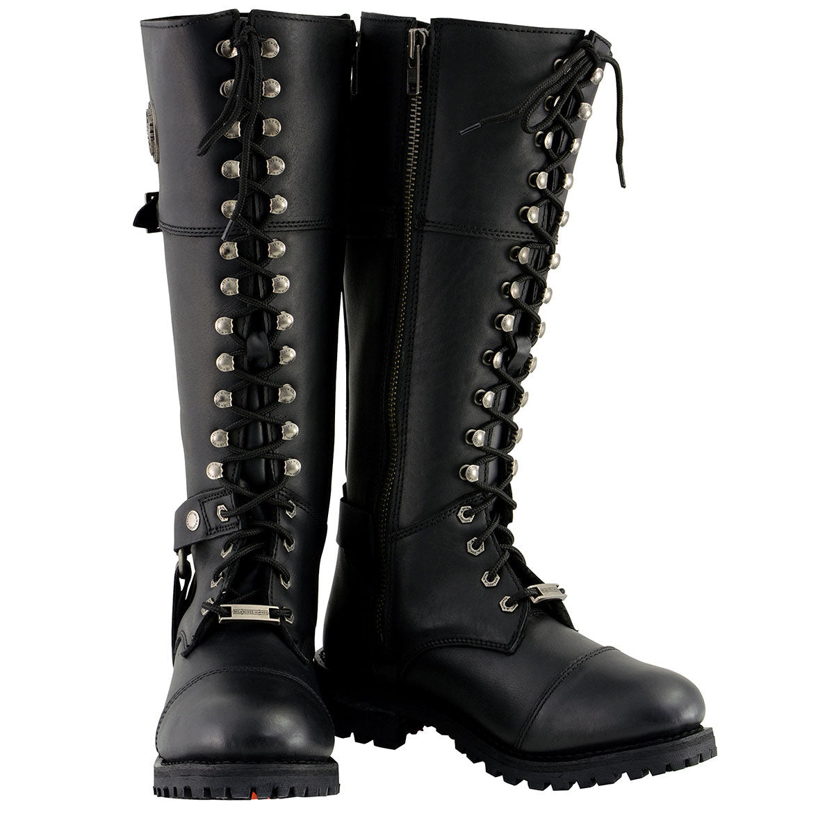 Womens black leather knee high lace deals up boots
