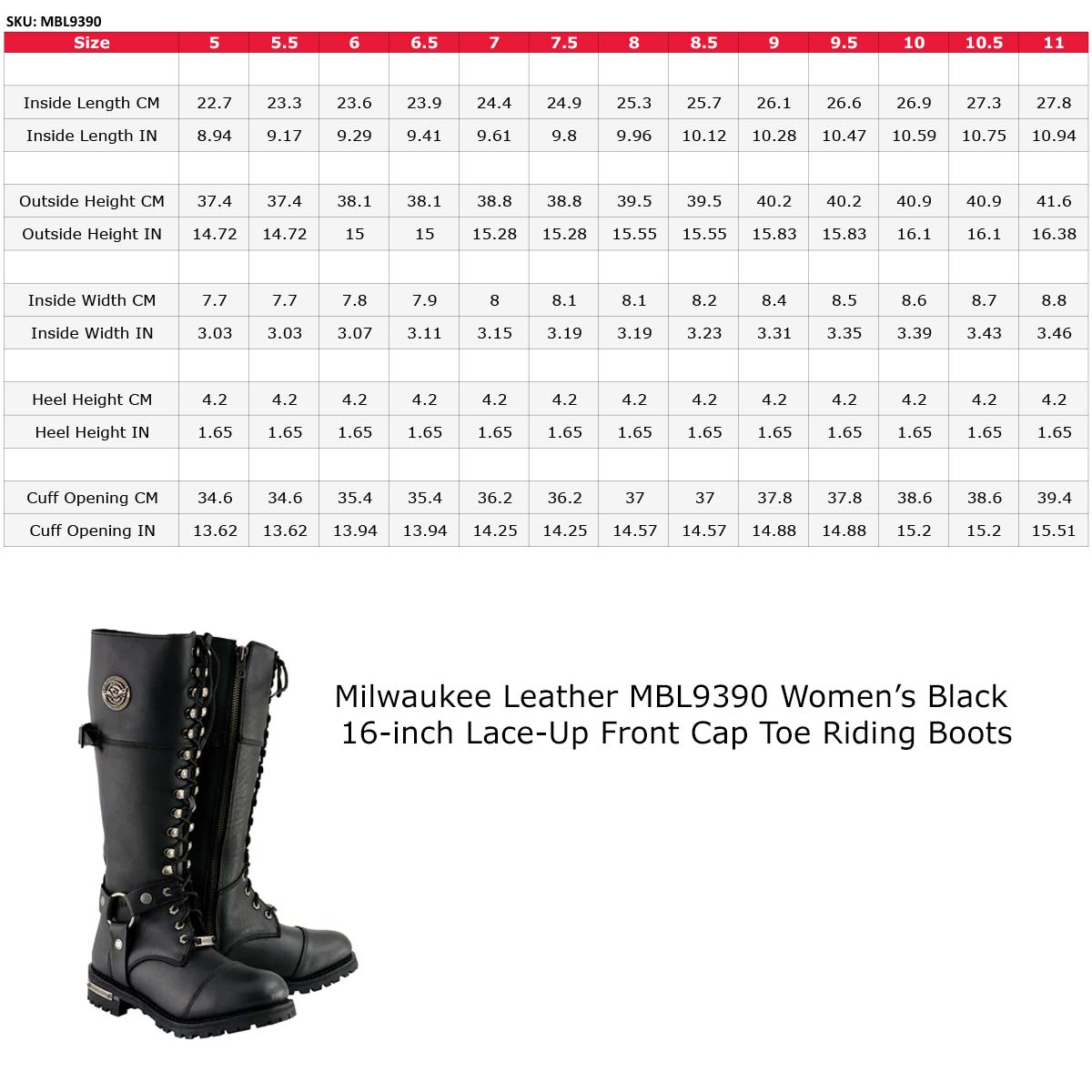 Milwaukee Leather MBL9390 Women’s Black 16-inch Lace-Up Front Cap Toe Motorcycle Riding Leather Boots
