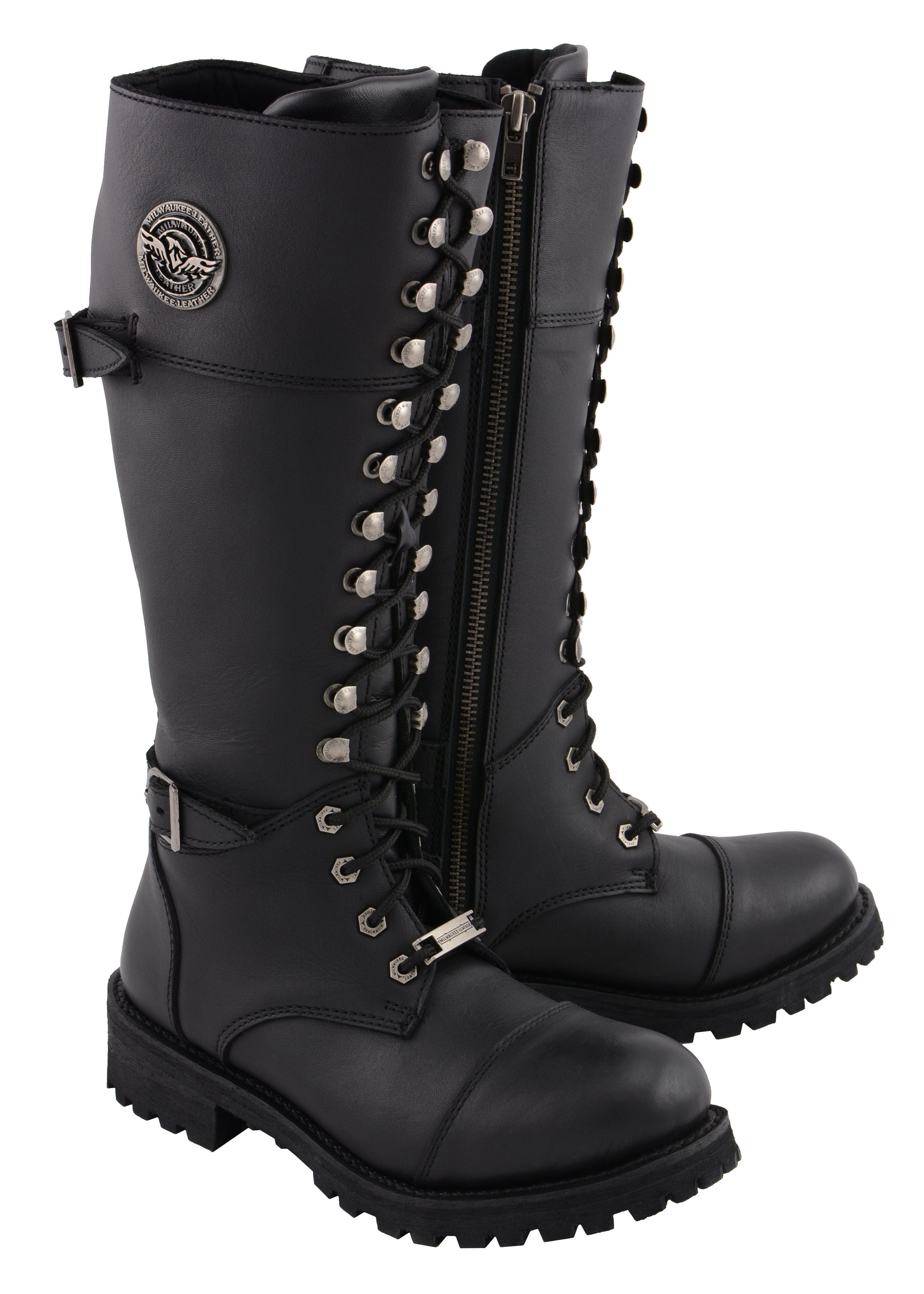 Milwaukee Leather MBL9390 Womens  Black 16 inch Lace-Up Front Cap Toe Riding Boots - Milwaukee Leather Womens Boots