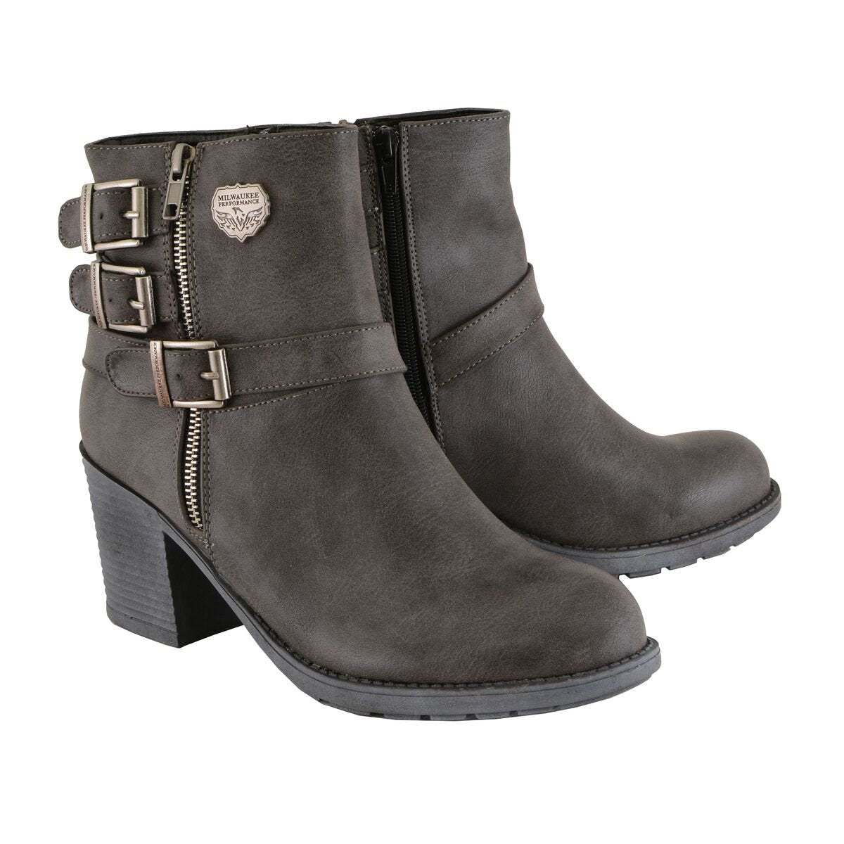 Milwaukee Performance MBL9406 Women's Stone Grey Triple Buckle Side Zipper Boots with Platform Heel