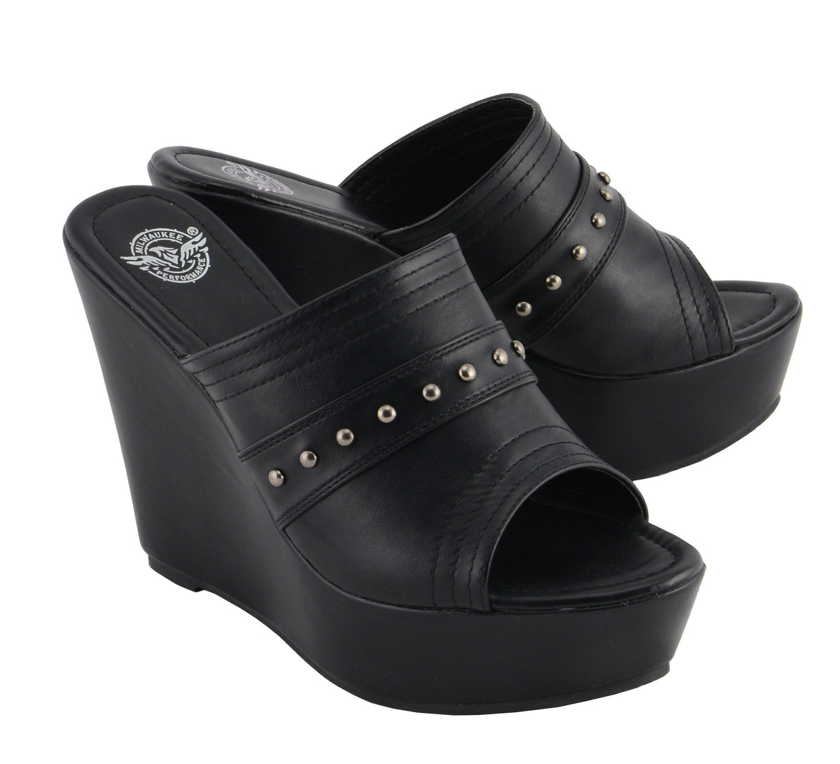 Milwaukee Leather MBL9408 Women's Black Open Toe Platform Wedges with Rivet Details