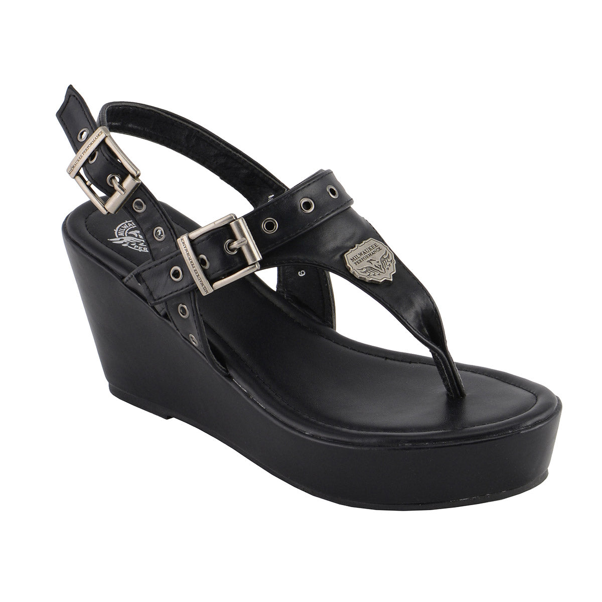 Milwaukee Performance MBL9411 Women's Black Wedge Sandals with Buckled Straps
