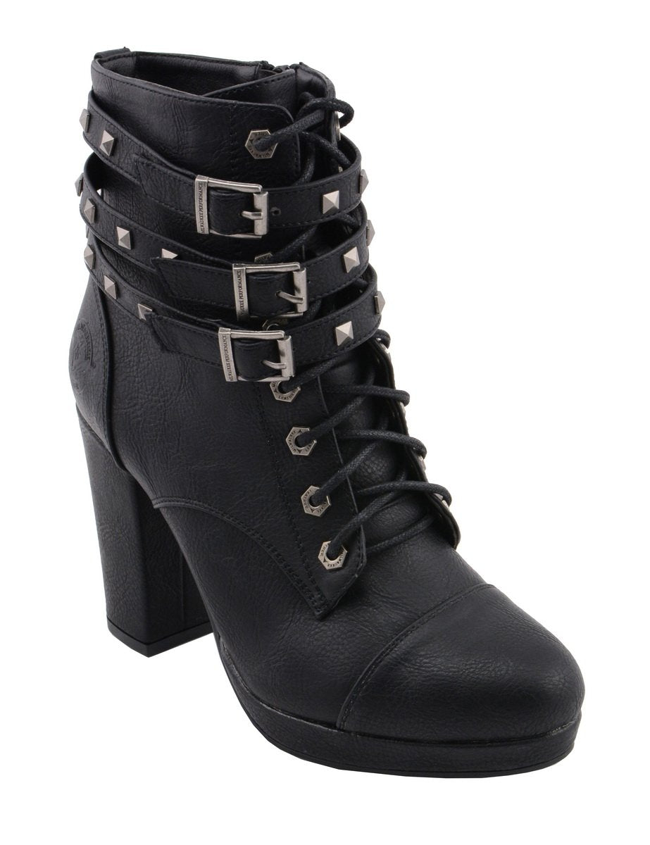 Milwaukee Performance MBL9417 Women's Black Lace-Up Boots with Triple Strap Studded Accents