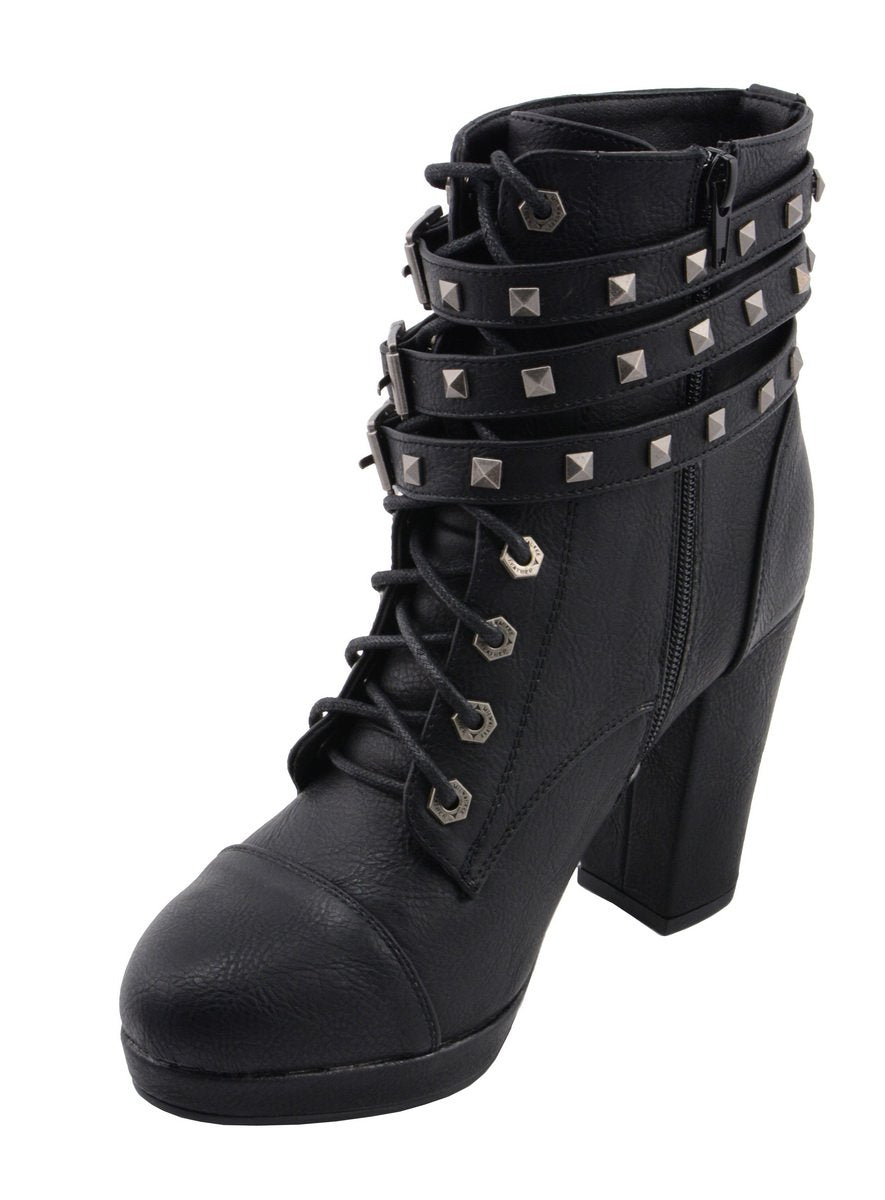 Milwaukee Performance MBL9417 Women's Black Lace-Up Boots with Triple Strap Studded Accents