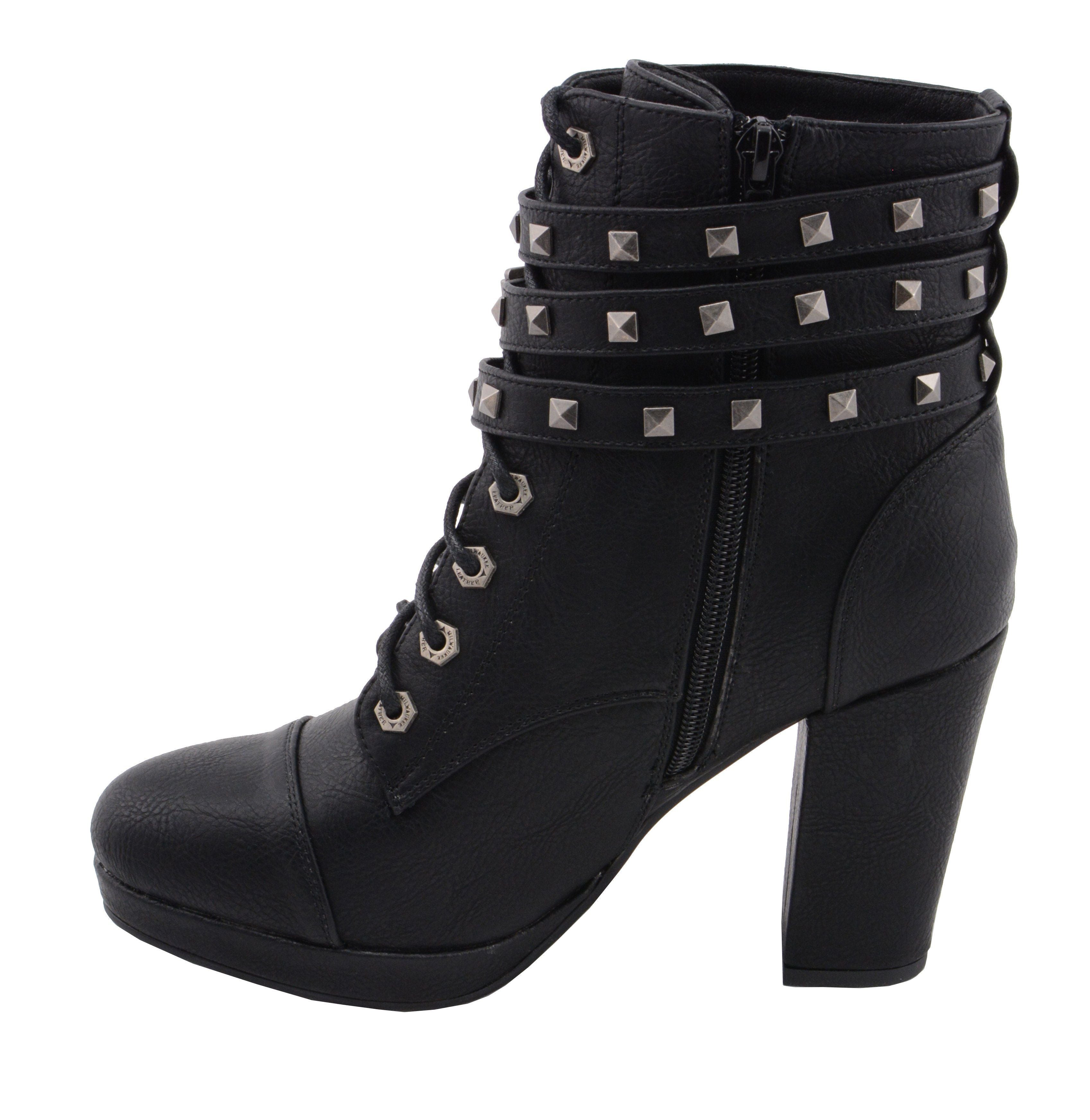 Milwaukee Performance MBL9417 Women's Black Lace-Up Boots with Triple Strap Studded Accents
