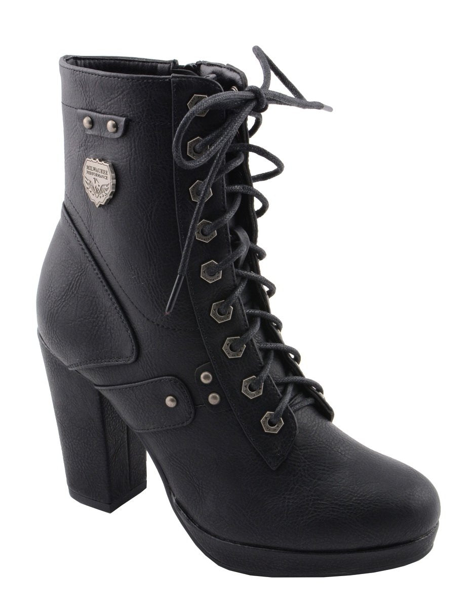 Milwaukee Performance MBL9418 Women's Black Lace-Up Platform Boots with Studded Accents