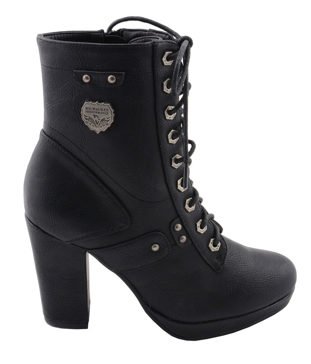 Milwaukee Performance MBL9418 Women's Black Lace-Up Platform Boots with Studded Accents