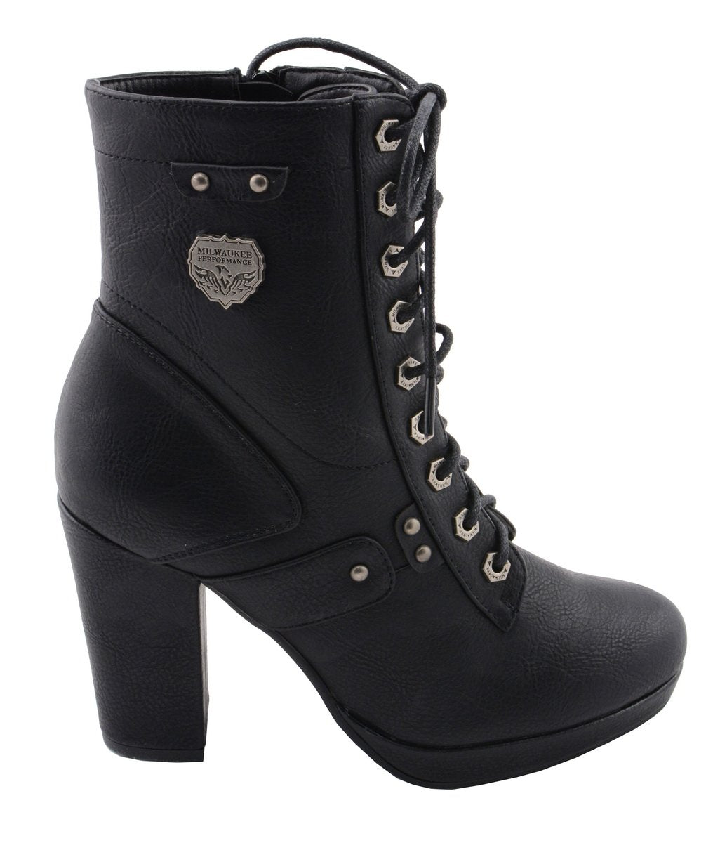 Milwaukee Performance MBL9418 Women's Black Lace-Up Platform Boots with Studded Accents
