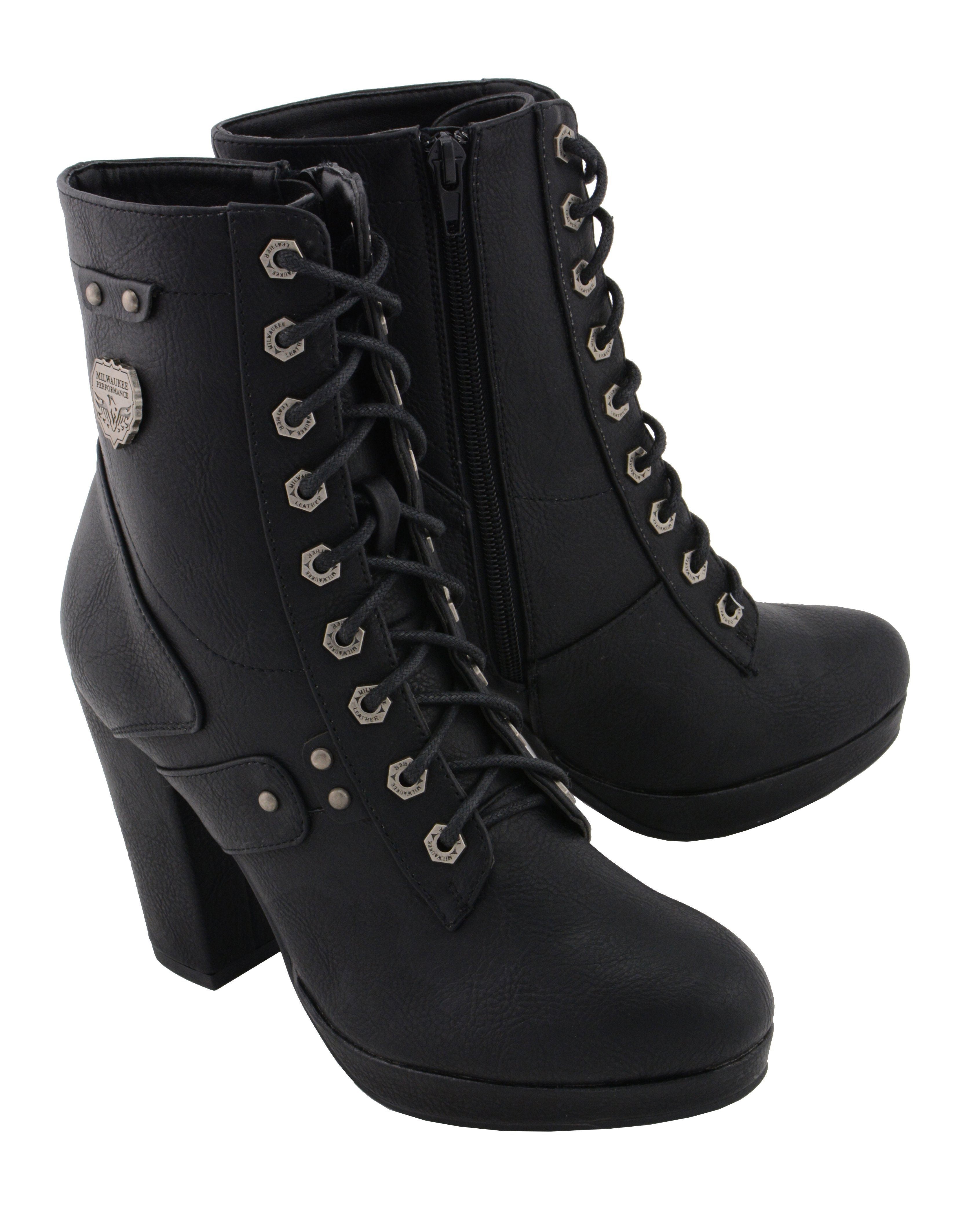 Milwaukee Performance MBL9418 Women's Black Lace-Up Platform Boots with Studded Accents