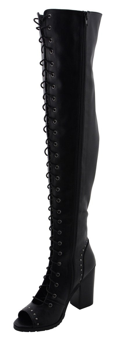 Milwaukee Performance MBL9421 Women's Black Lace-Up Knee High Boots with Open Toe