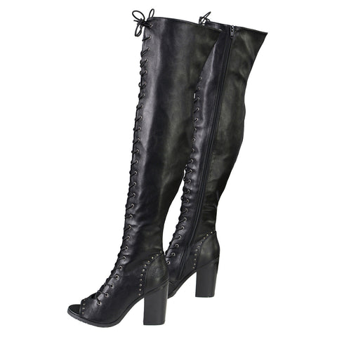 Milwaukee Performance MBL9421 Women's Black Lace-Up Knee-High Boots with Open Toe