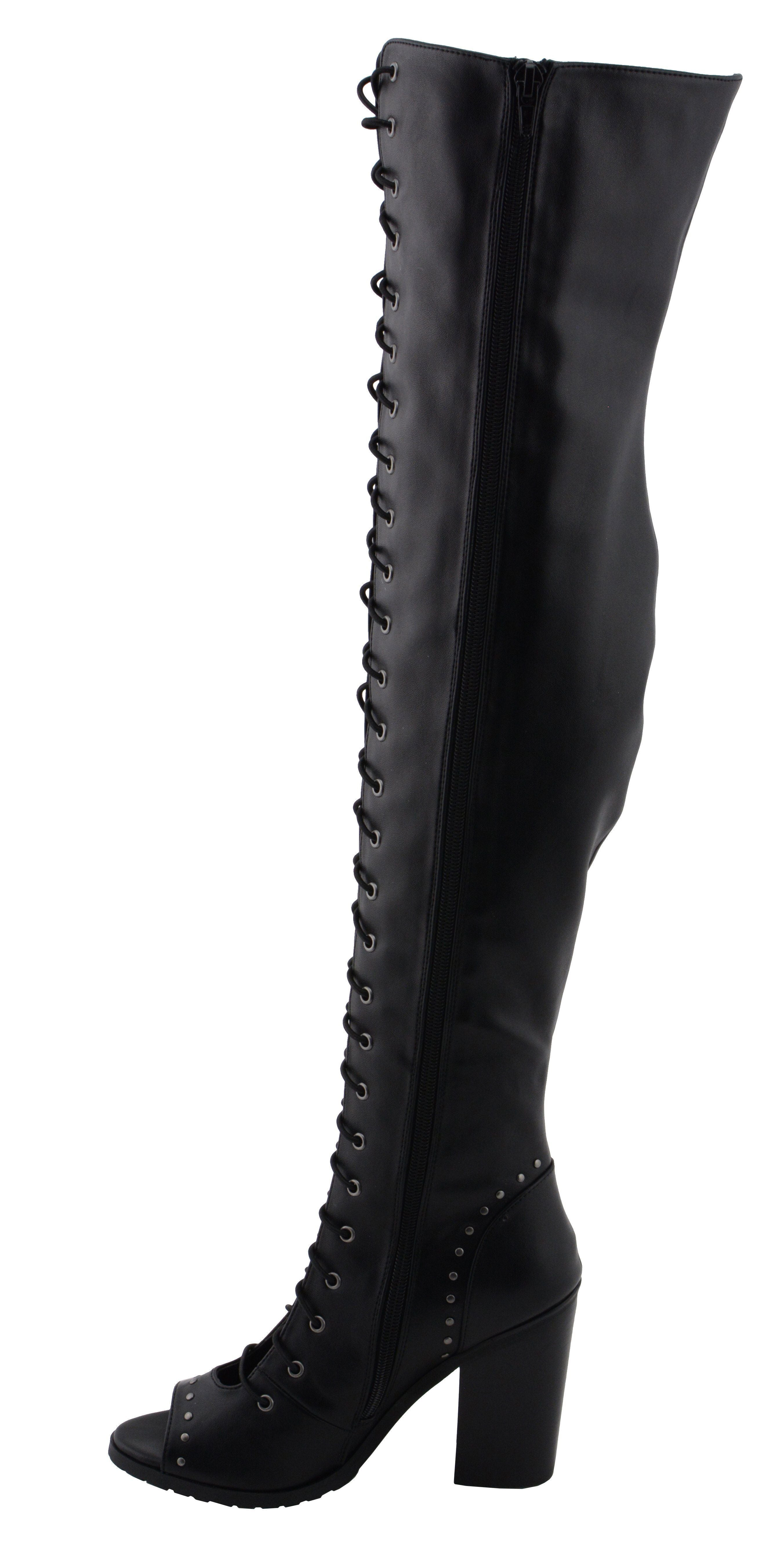 Milwaukee Performance MBL9421 Women's Black Lace-Up Knee High Boots with Open Toe