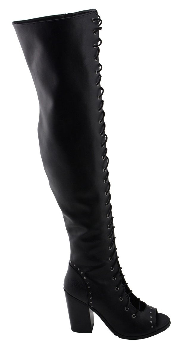 Milwaukee Performance MBL9421 Women's Black Lace-Up Knee High Boots with Open Toe
