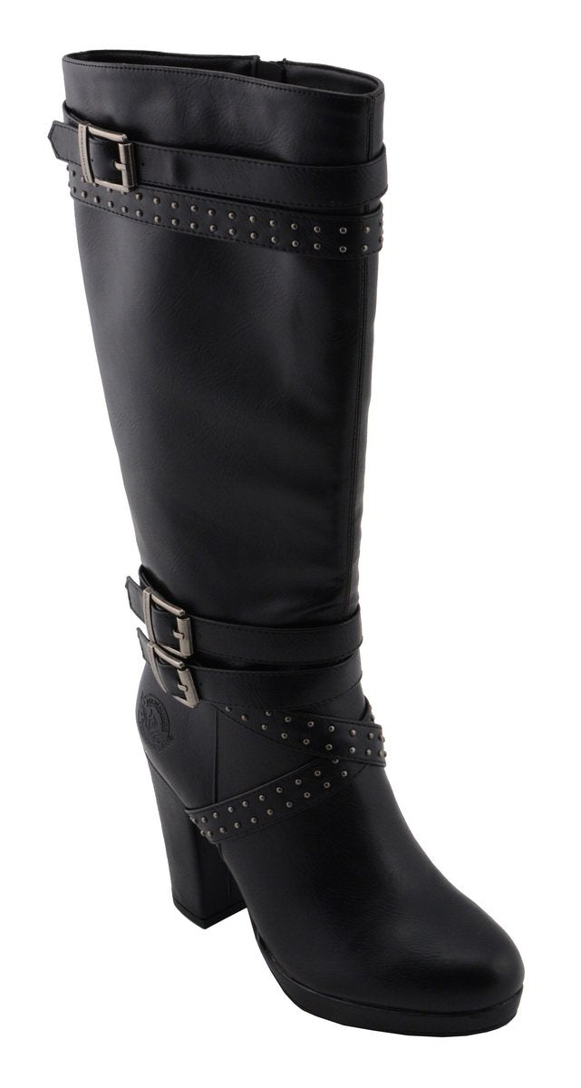 Milwaukee Performance MBL9422 Women's Tall Black Studded Strap Boots with Platform Heel
