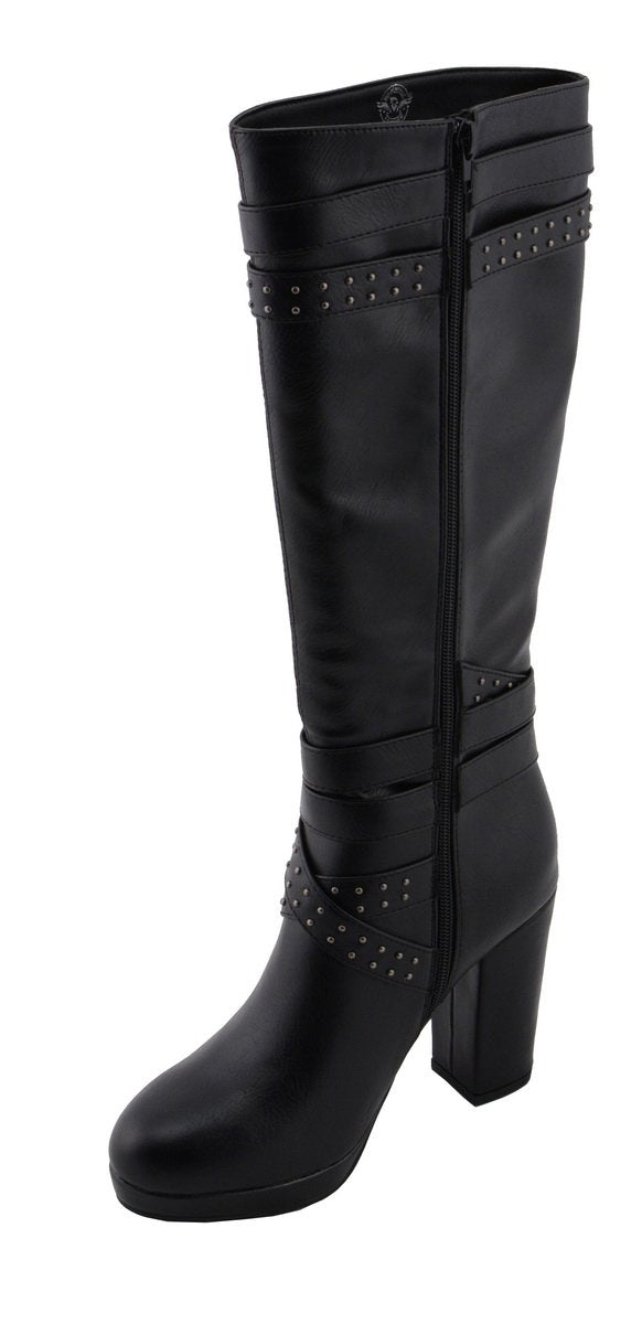 Milwaukee Performance MBL9422 Women's Tall Black Studded Strap Boots with Platform Heel