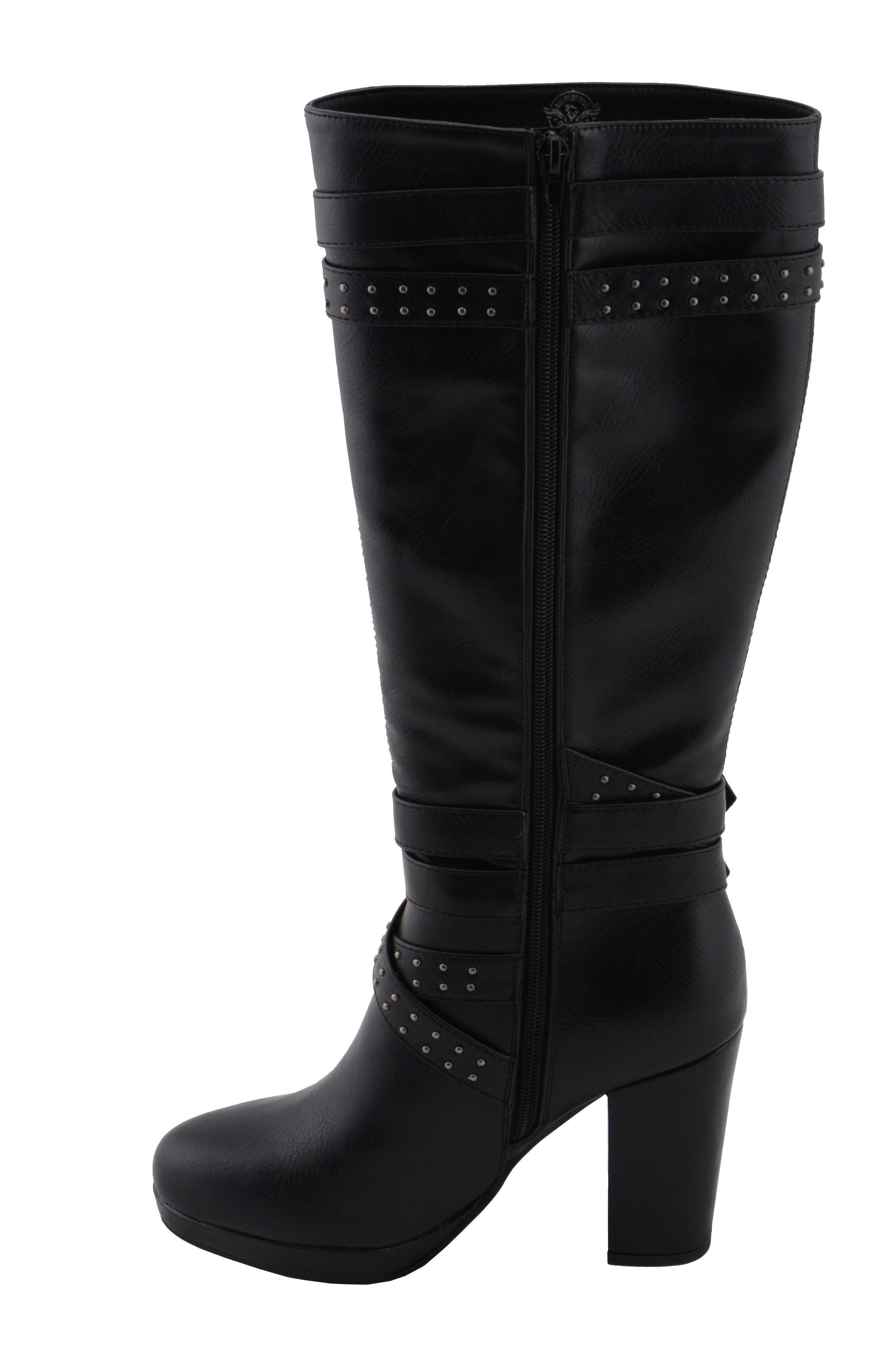 Milwaukee Performance MBL9422 Women's Tall Black Studded Strap Boots with Platform Heel