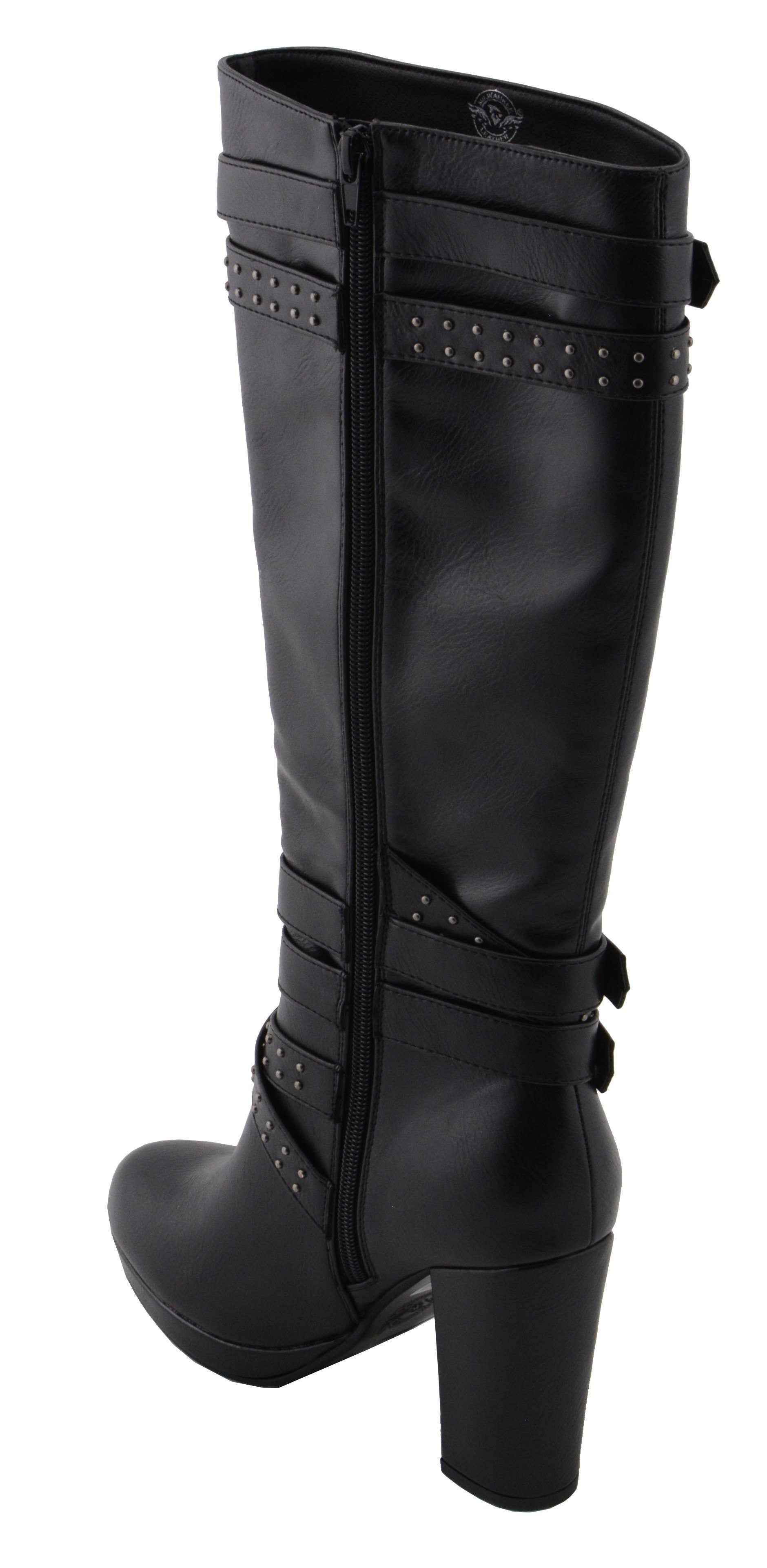 Milwaukee Performance MBL9422 Women's Tall Black Studded Strap Boots with Platform Heel