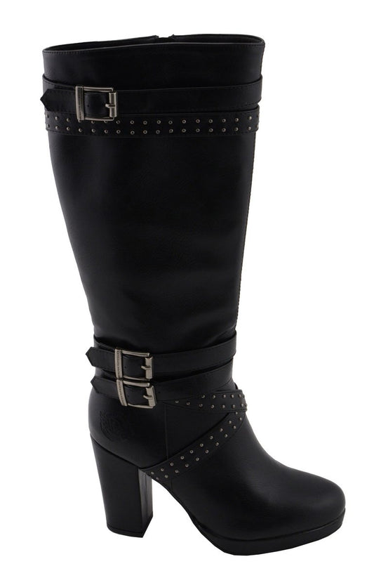 Milwaukee Performance MBL9422 Women's Tall Black Studded Strap Boots with Platform Heel