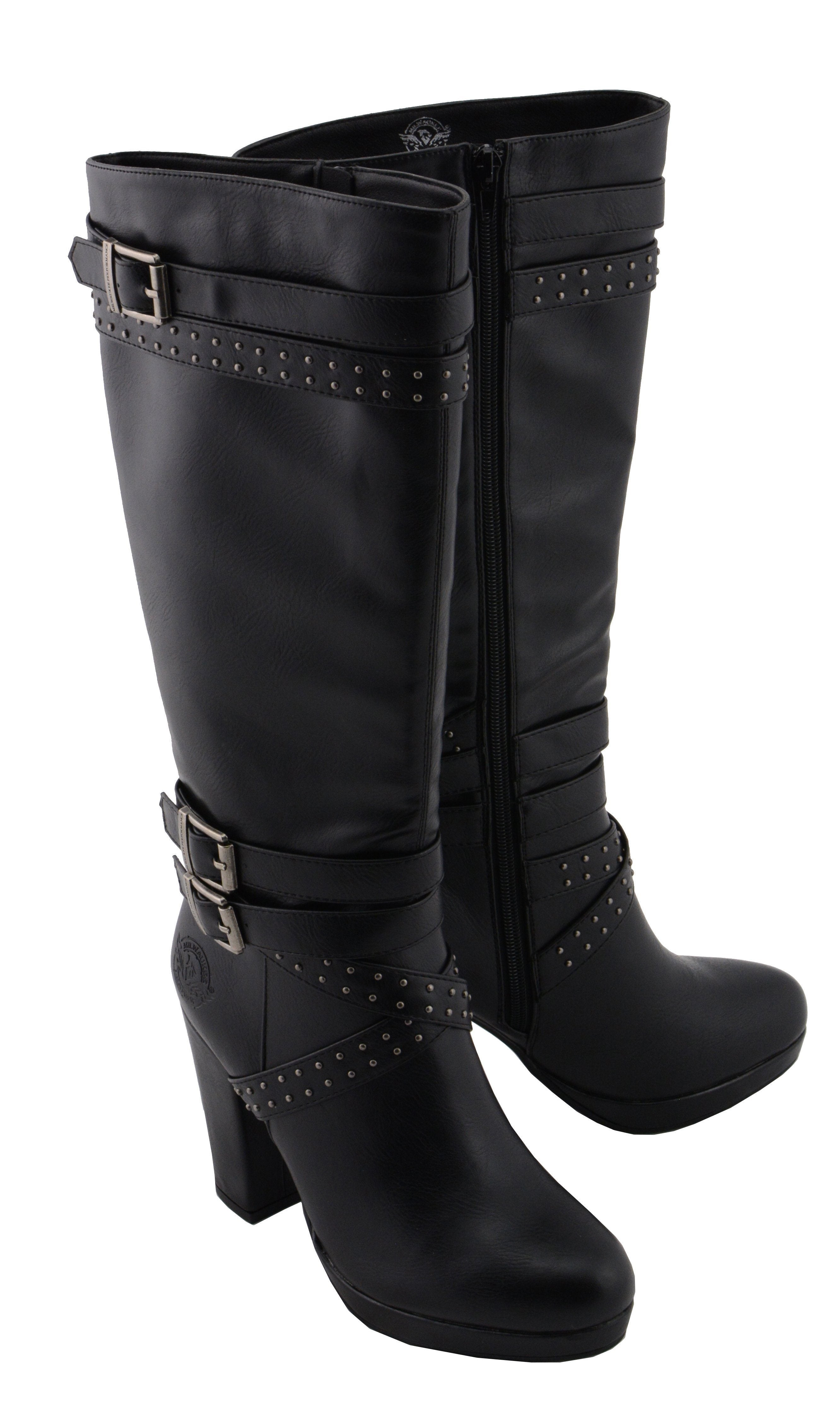 Milwaukee Performance MBL9422 Women's Tall Black Studded Strap Boots with Platform Heel